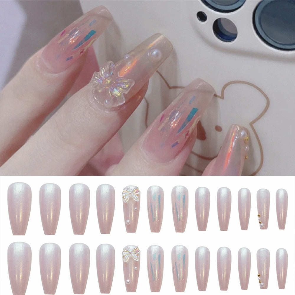 24pcs Mid Length Fake Nails Ballet Removable Wear Full Cover Coffin Head Press on Nail Artificial Manicure Patch False Nail Tips