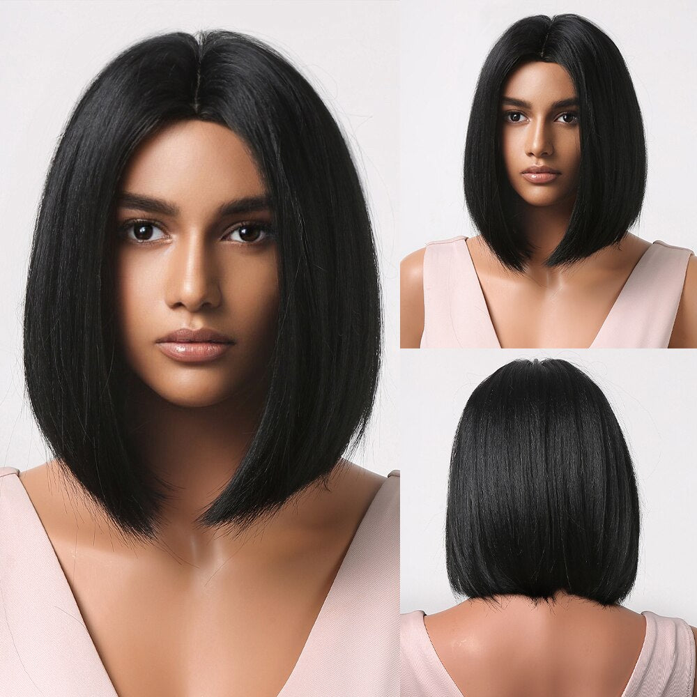 Short Straight Synthetic Wigs Mixed Golden Brown Bob Wigs with Bangs for Women Cosplay Daily Natural Hair Wig Heat Resistant