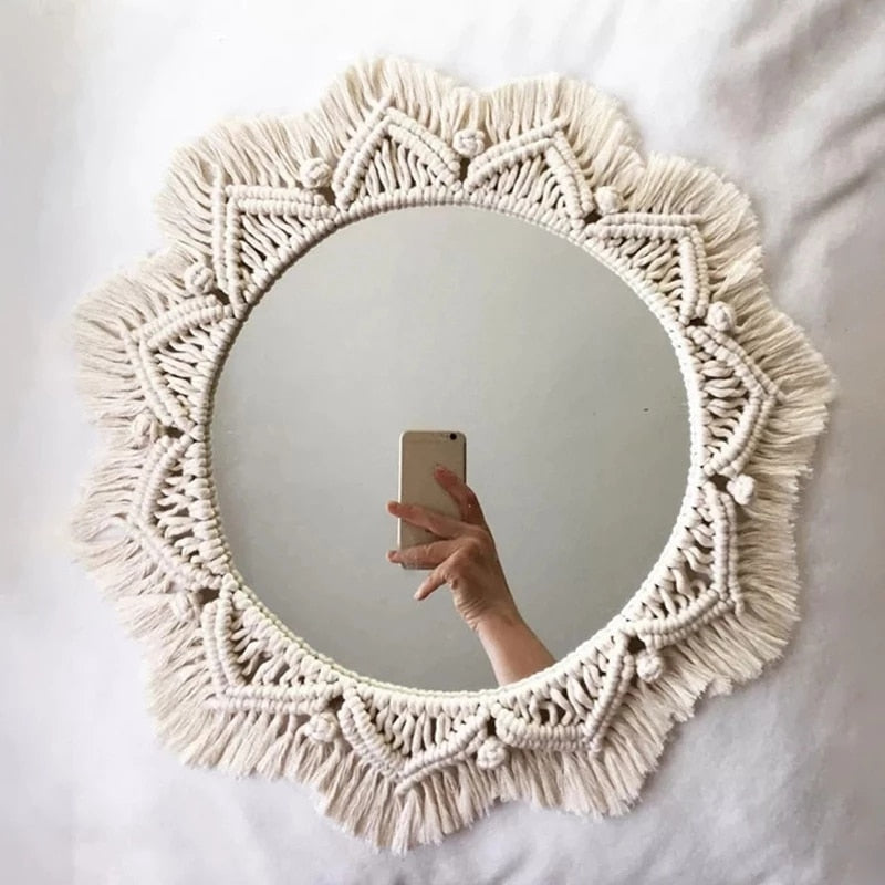 Hanging Wall Decorative Mirror With Macrame Fringe Round Boho Home Decor for Apartment Living Room Bedroom Baby Nursery Decor