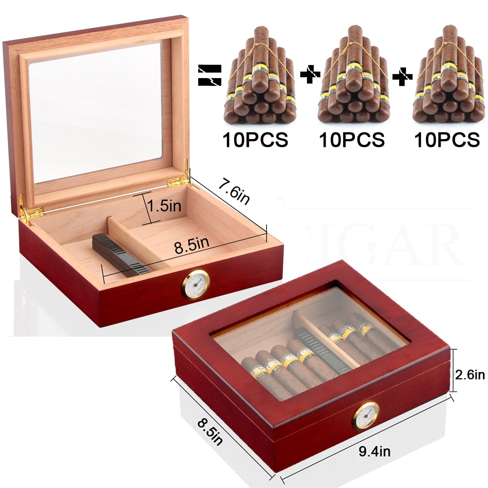 Cedar Wood Travel Cigar Humidor Box With Humidifier Hygrometer Humidor Cigar Box Case Glass Humidors Fit 20-30 Cigars