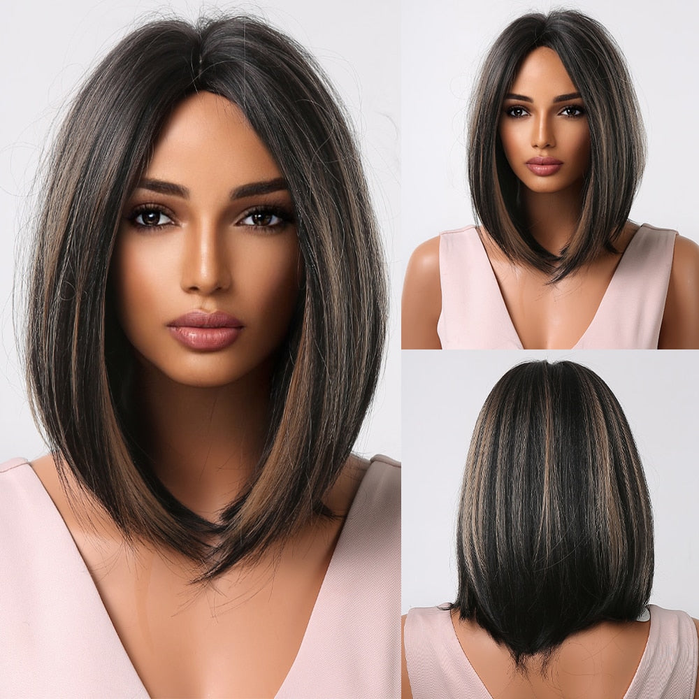 Ombre Brown Platinum Blonde Synthetic Wigs Short Straight Bob Wigs for Black Women Daily Natural Heat Resistant Hair Cosplay