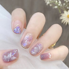 Load image into Gallery viewer, 24Pcs Purple Short Round False Nails With Aurora Flower Design Detachable Korean Press On Nails Fake Acrylic Manicure Tips