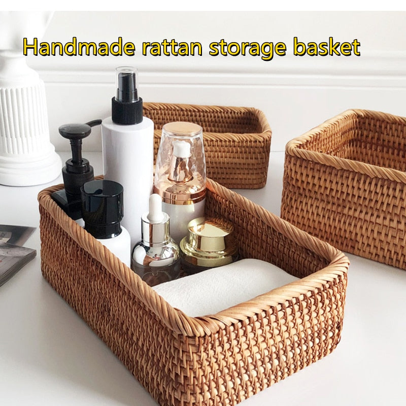 Hand-woven Rattan Wicker Basket Fruit Tea Snack Bread Basket Cosmetic Rectangular Storage Box Household Kitchen Supplies
