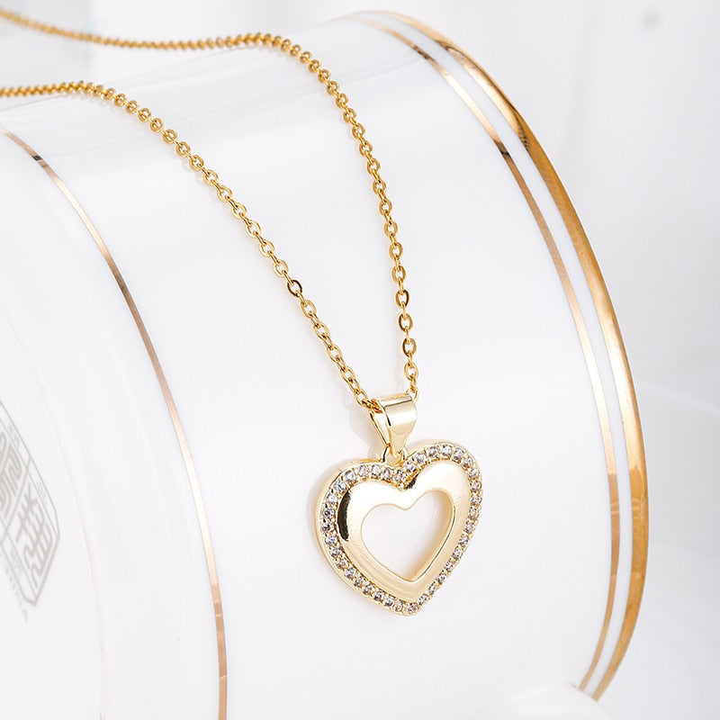 NINGAN Necklace for Women Heart Choker Pendant Gold Girls Necklace with Dazzling Zircon Engagement Jewelry