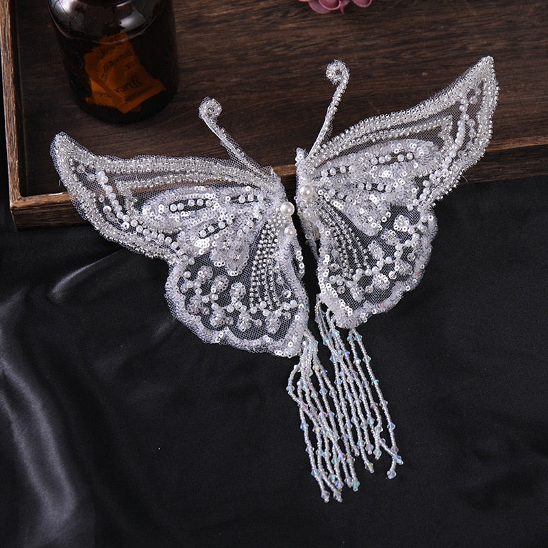 Net Sequin tassel lace butterfly pair clip White Bride curling headdress wedding hair accessories