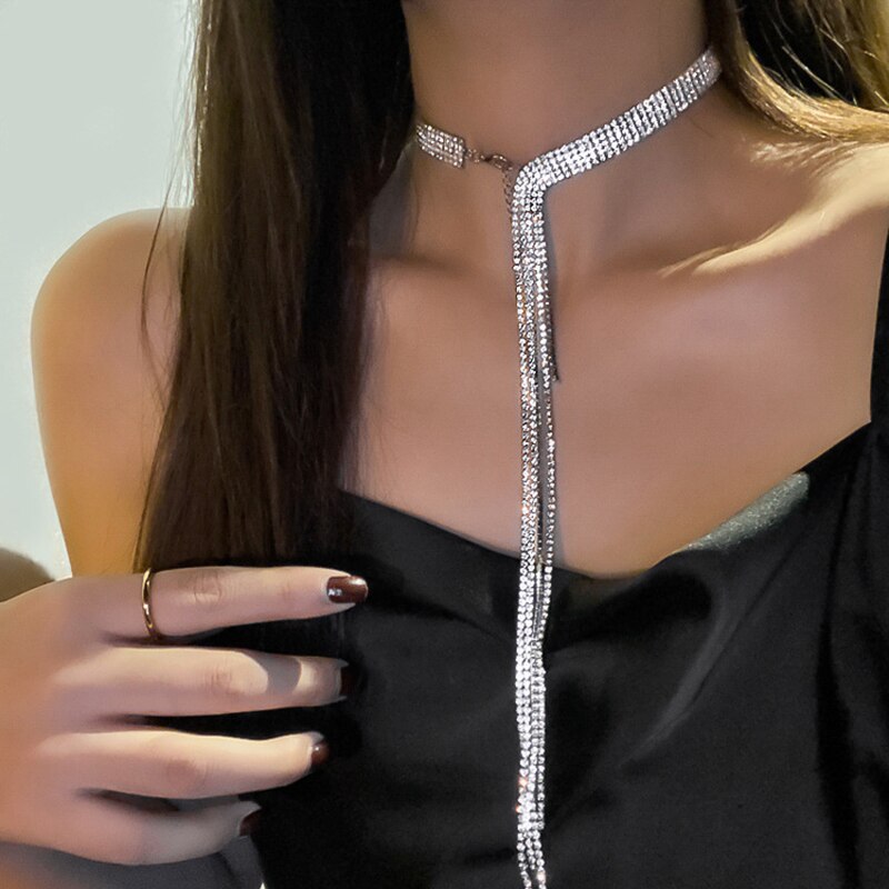 Trendy New Necklaces wholesale Chokers For Women Metal Hip-hop Sweater chain Long Chunky Chain Hip-hop rhinestones Chokers