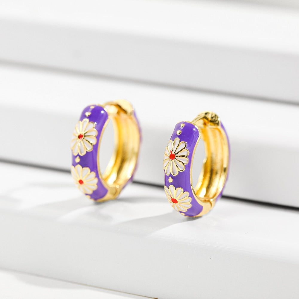 Vintage Enamel Flower Small Hoop Earrings Trendy Geometric Statement Round Circle Huggie Earring Fashion Jewelry Brincos
