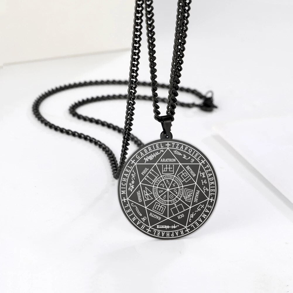 Teamer Seal of Solomon Seven Archangel Necklace Stainless Steel Saint Michael Pendant Jewelry Engraving for Man Amulet Gifts