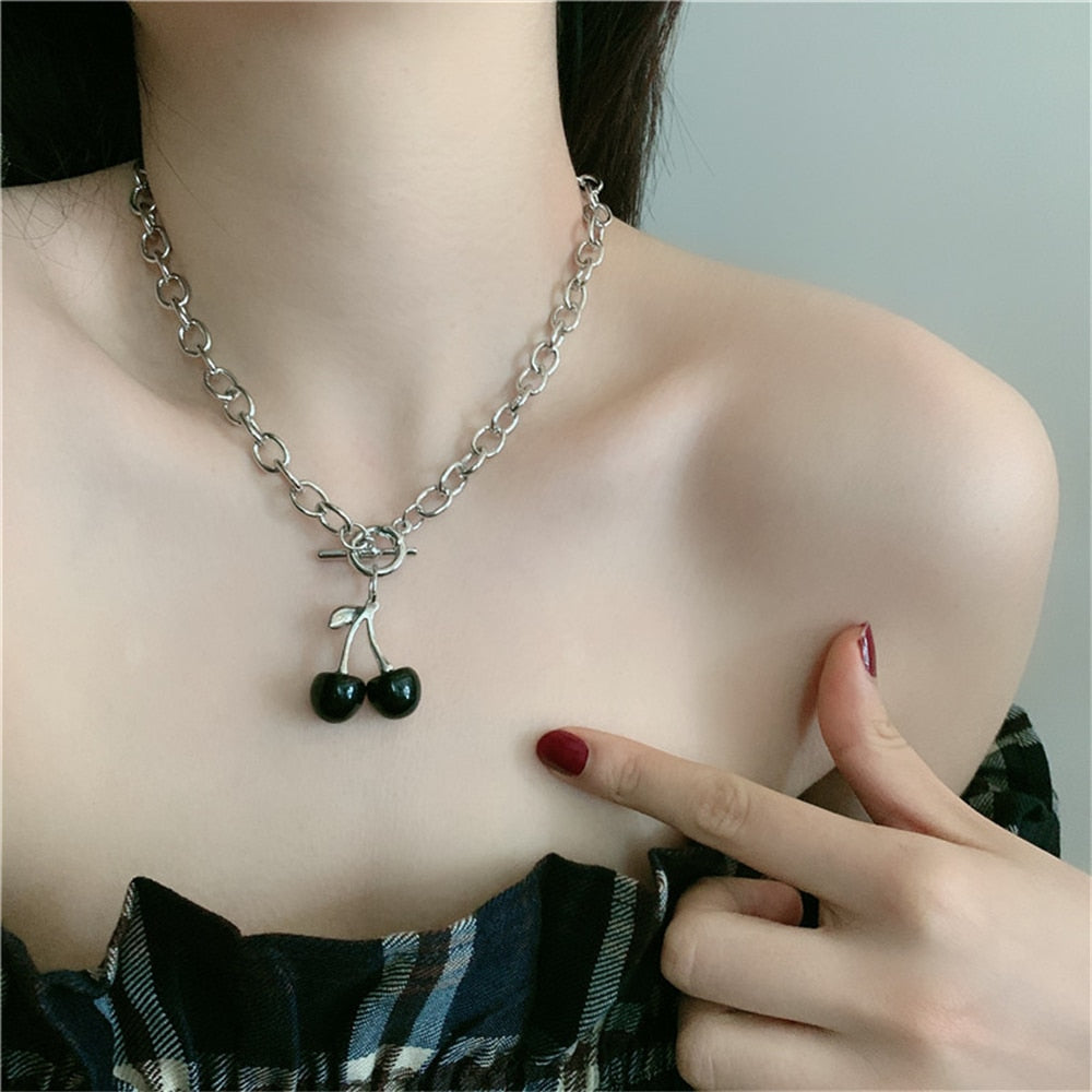Gothic Red Cherry Pendant Choker Necklace For Women Girls Summer Harajuku Geometric Necklace With Ot Buckle For Dancing Party