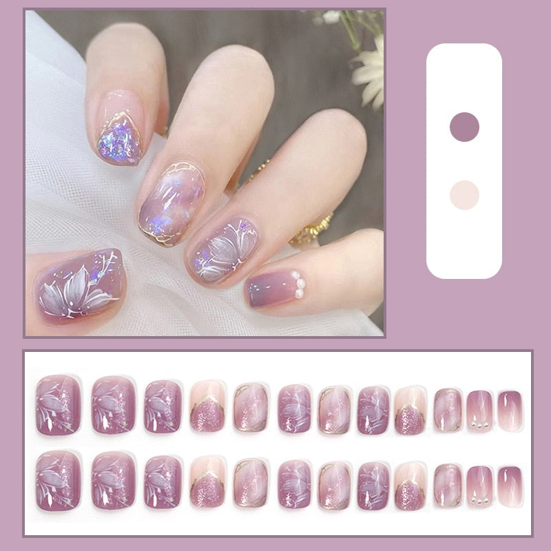 24Pcs Purple Short Round False Nails With Aurora Flower Design Detachable Korean Press On Nails Fake Acrylic Manicure Tips