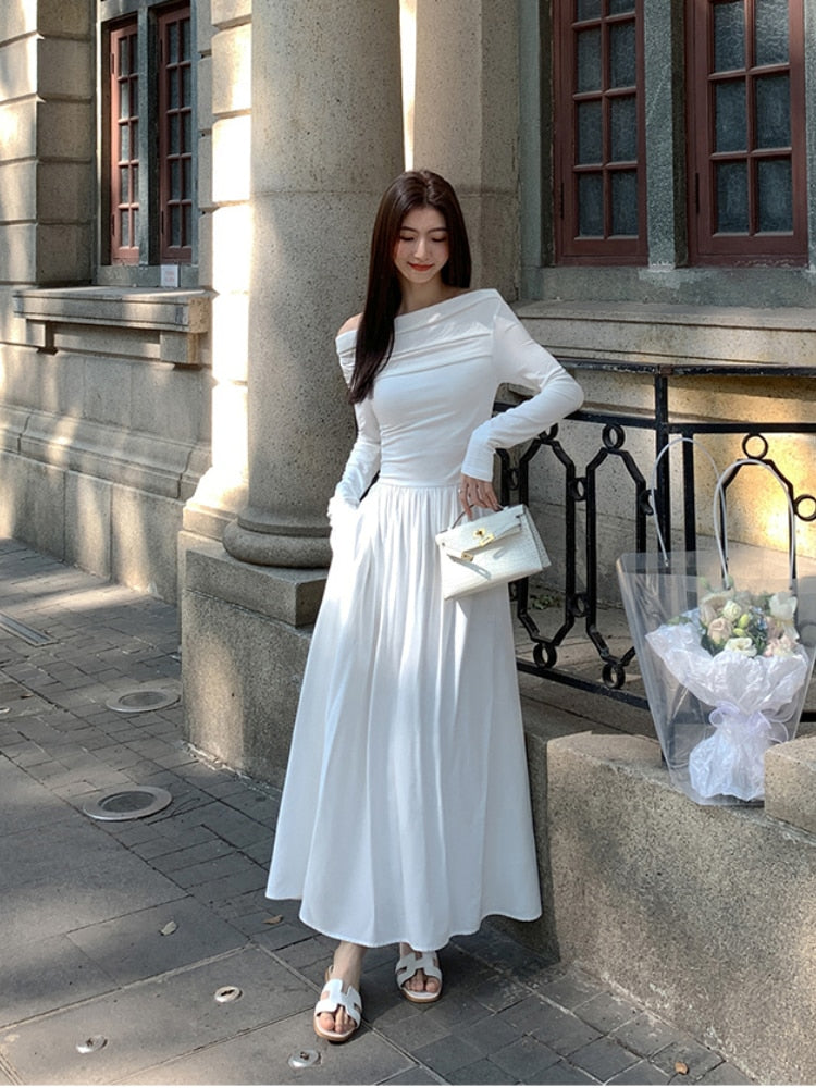 sealbeer Autumn Fashion White Knitted Dress Women Elegant Sexy Off Shoulder Slim A-Line Robe Korean Spring Casual Long Sleeve Clothing
