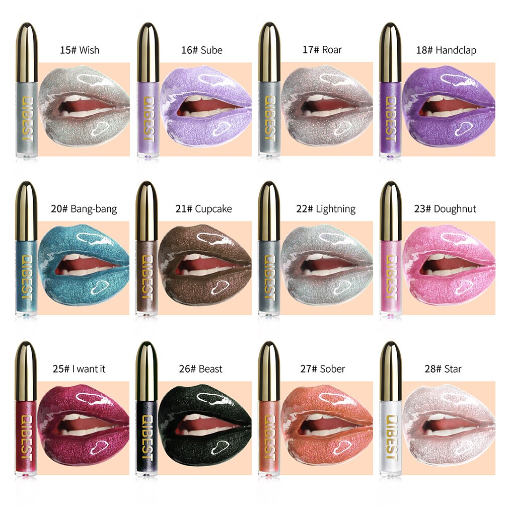 QIBEST Polarized Lip Gloss Diamond Glitter Liquid Lipstick Sexy Metallic Lipgloss Long Lasting Waterproof Moisturize Lip Makeup