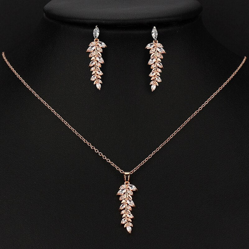 Fashion Gold Color Leaves Jewelry Set for Women Zirconia Dangle Drop Earring and Necklace Elegant Korean Crystal Wedding Jewelry