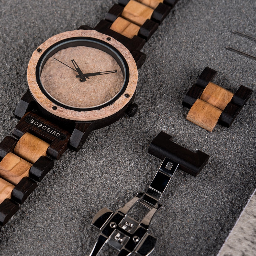 BOBOBIRD High Quality Rock Watches Natural Stone Watch Men Wooden Strap Top Japanese Quartz Movement Handmade Wristwatch For Man